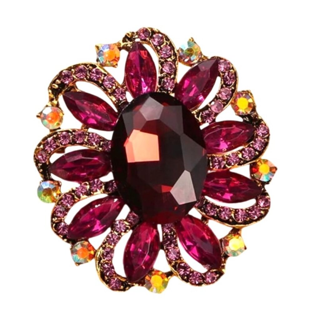 Elegant Oval Flower-Shaped Brooch Pin With Purple Crystal Rhinestones